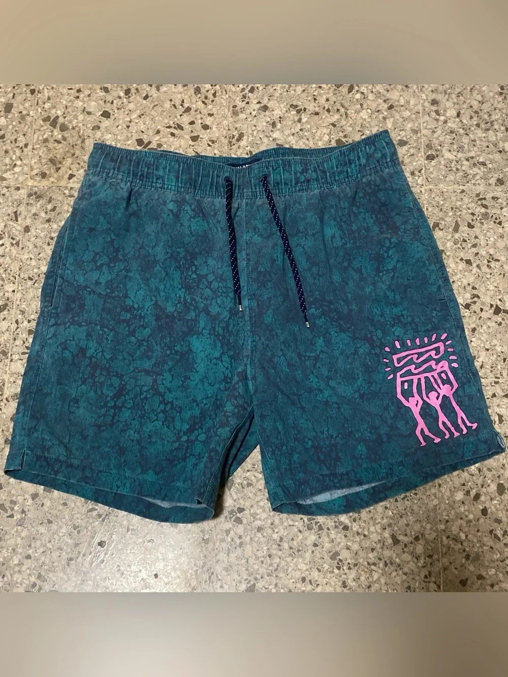 Billabong Teal Marble Swim Trunks with Pink Graphic